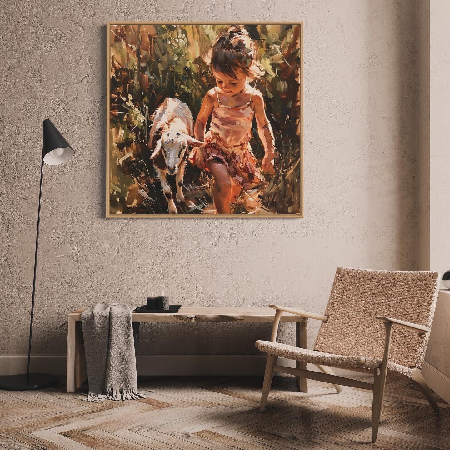 Peinture originale XL - fille et agneau