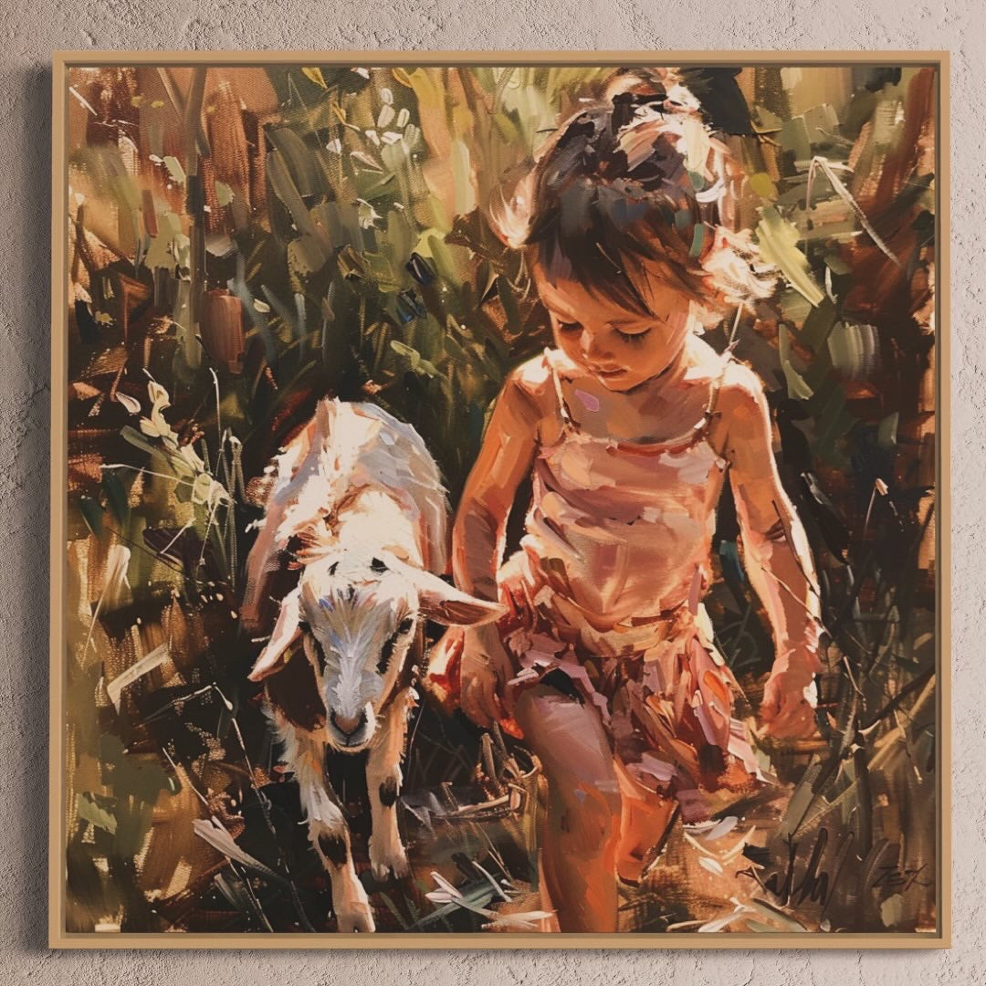 Peinture originale XL - fille et agneau