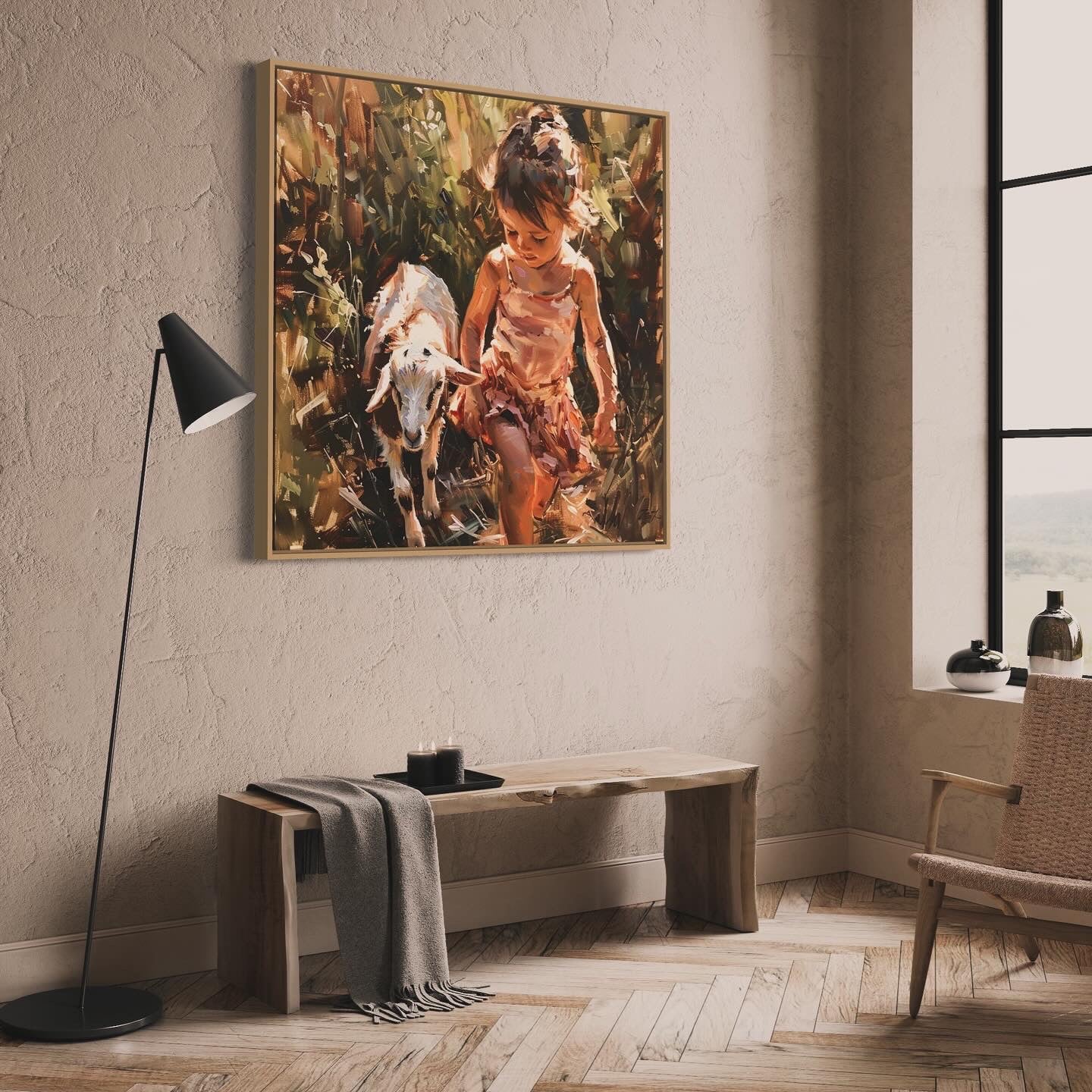 Peinture originale XL - fille et agneau